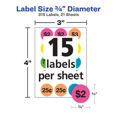 Avery Garage Sale Removable Labels, 3/4 Inch Round Labels, Assorted Colors, Non-Printable, 315 Pricing Stickers Total (6725) 315 labels